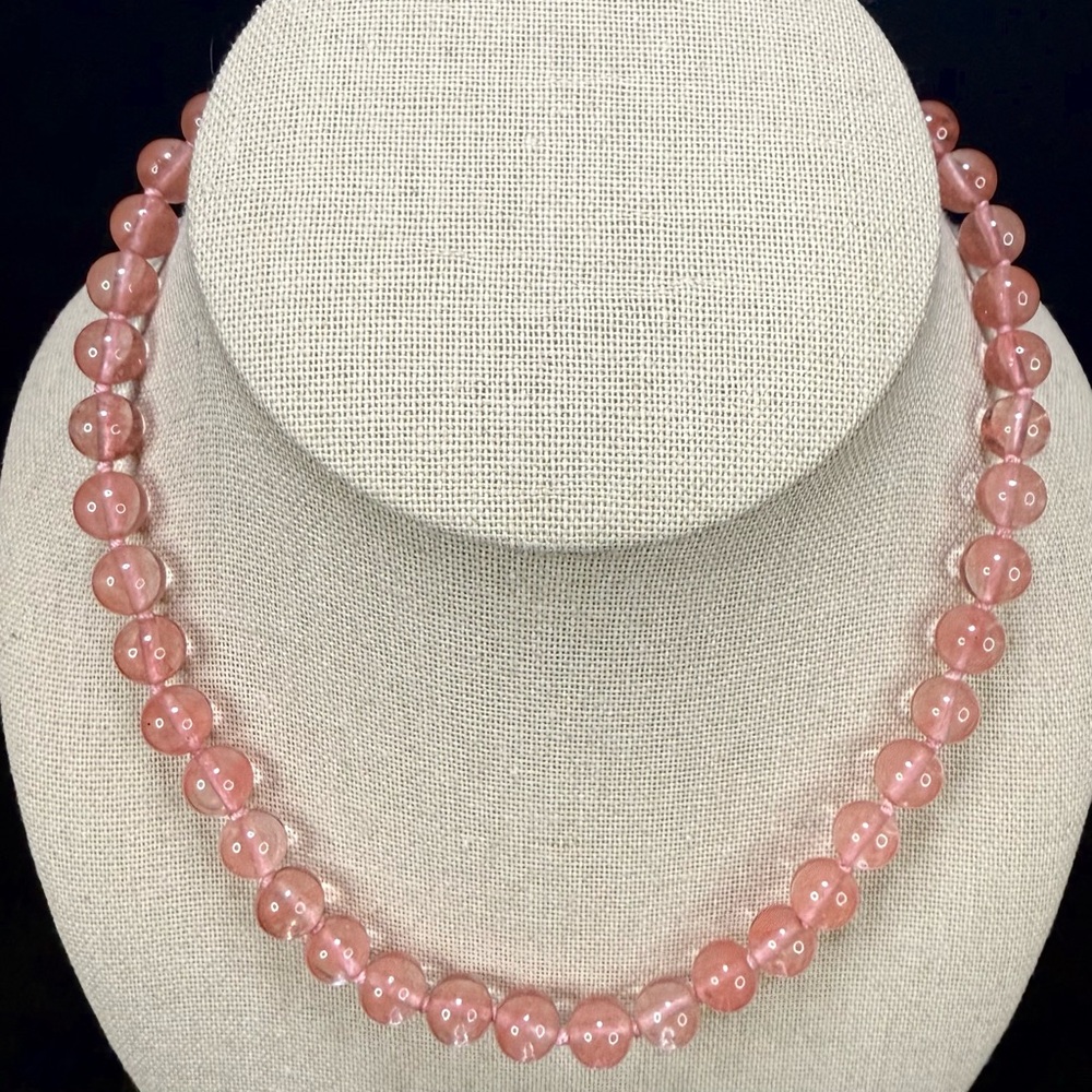 Pink Strawberry Cherry Rosewood  Round Glass Beads Silver Clasp Necklace 16”